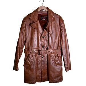 VINTAGE DE LONG 70s Brown Cowhide Glove Leather belted mob wife trench coat XL